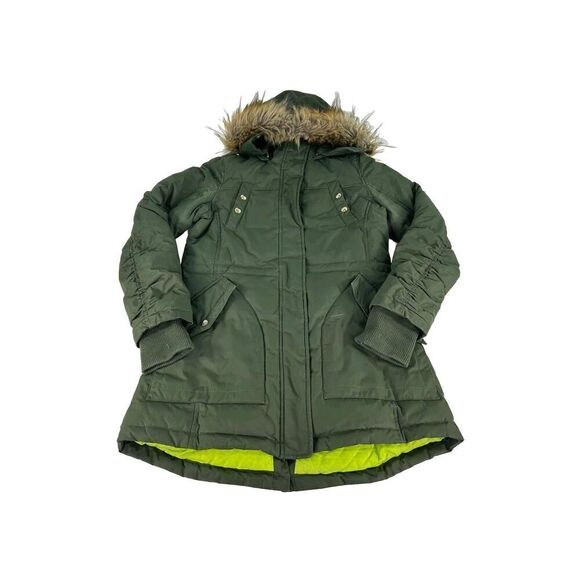Sam Edelman Jinny Down Parka Jacket Size M Faux Fur Hooded Coat Olive Green - Picture 1 of 12